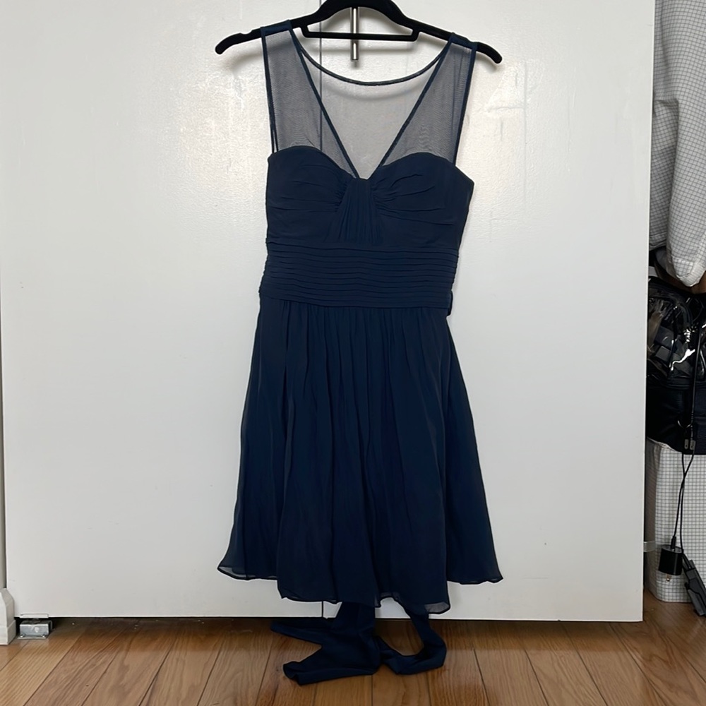 bcbgmaxazria navy blue dress with bow tie. Hidden zipper. Fully lined. Size 4